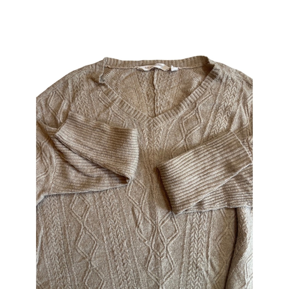 Soft Surroundings Women's Cable Knit V-Neck‎ Sweater Tan Pullover Knitwear
